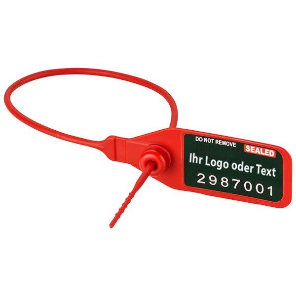Personalisierte Durchziehplombe Universal mit Ihrem Logo (1000 Stück) rot 200 mm ohne Barcode